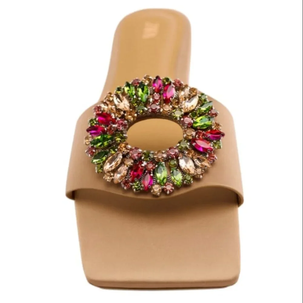Beige Jewel-Embellished Slide Sandals - Picture 2 of 6